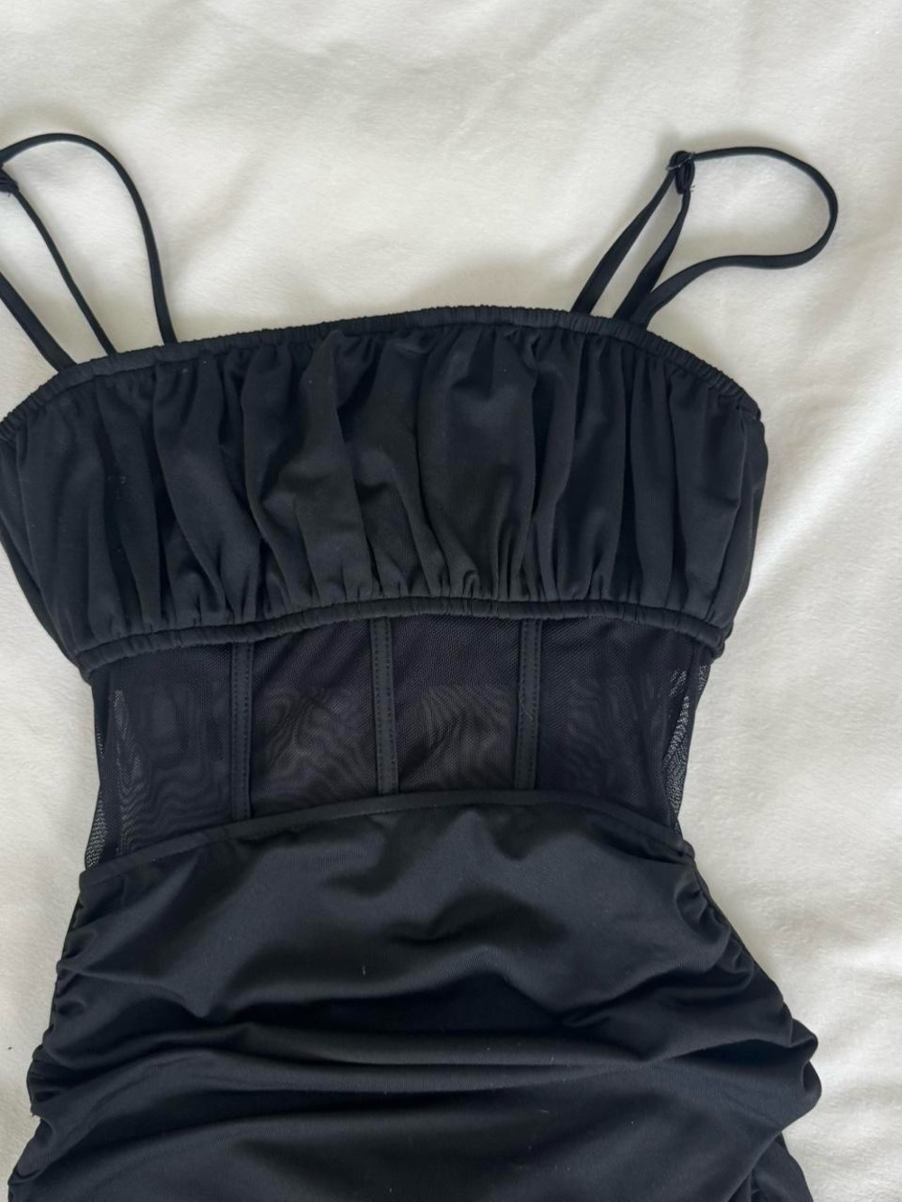 superdown Black Ruched Mesh Mini Dress